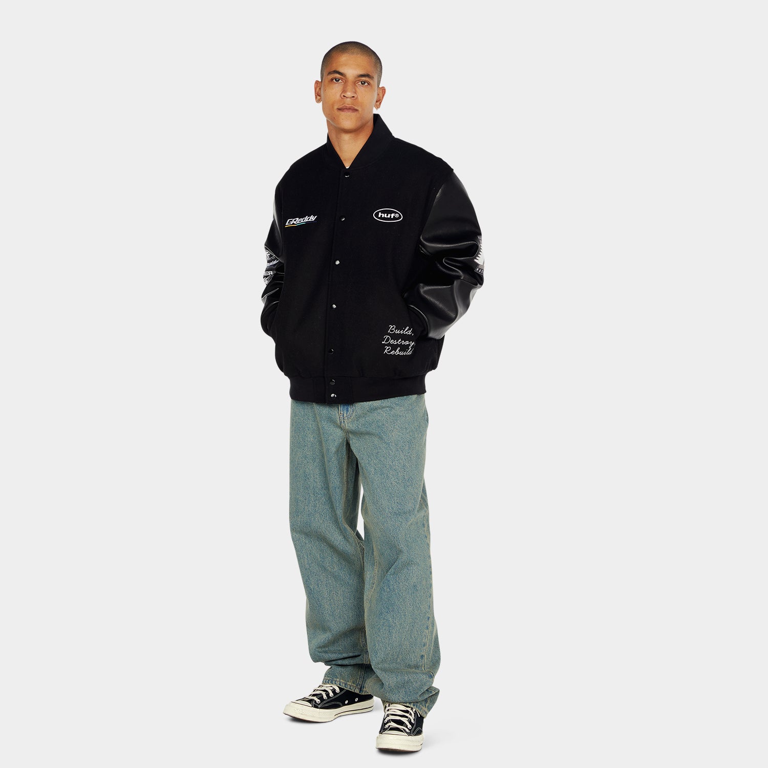 HUF (ハフ) Worldwide JP /JACKETS(ジャケット)/ HUF X GREDDY VARSITY JACKET商品 / BLACK