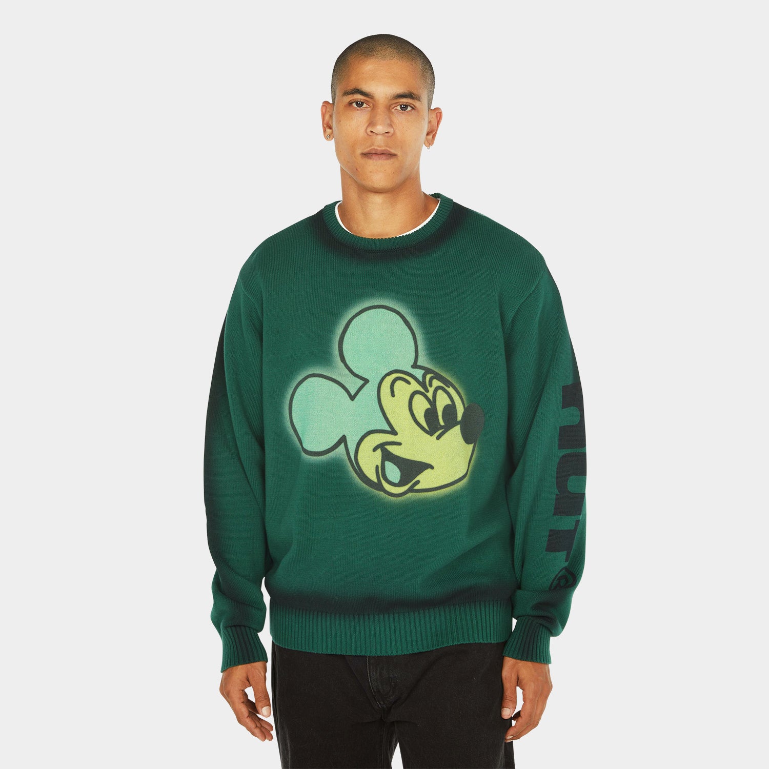 HUF (ハフ) Worldwide JP /KNITS & SWEATERS(ニット&セーター)/ DISNEY | HUF MICKEY SPRAY CREWNECK SWEATER商品 / FOREST GREEN