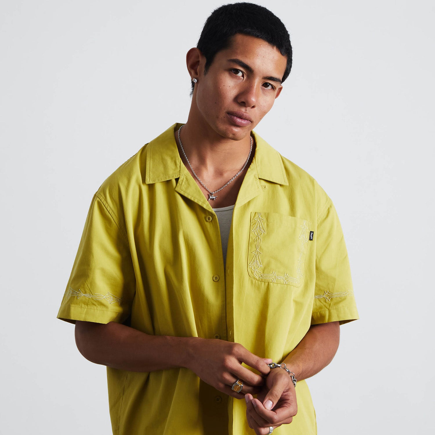 HUF (ハフ) Worldwide JP /TOPS & SHIRTS（トップス&シャツ）/ PINSTRIPE EMBROIDERED RESORT SHIRT商品 / AVOCADO