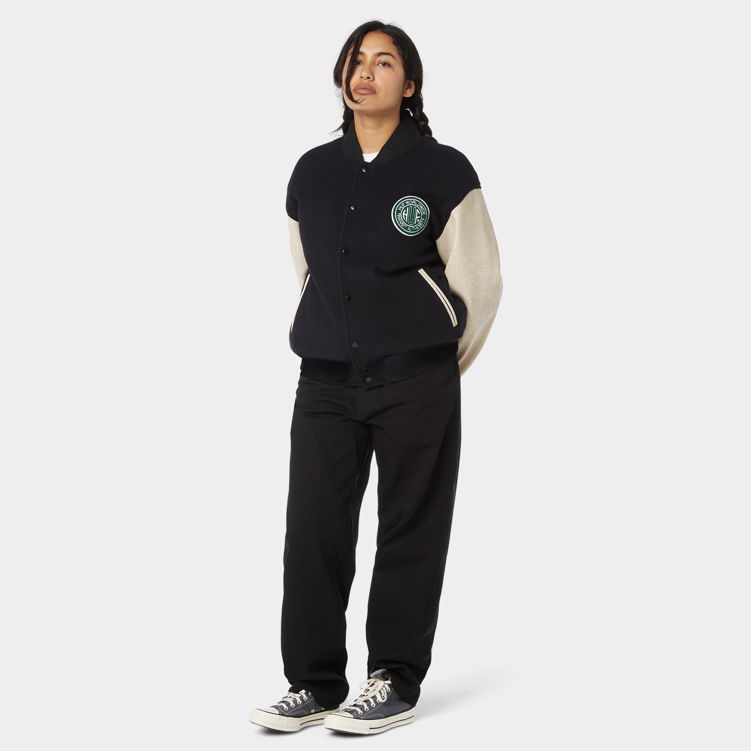 HUF (ハフ) Worldwide JP /JACKETS（ジャケット）/ GLOBAL TRANSIT VARSITY JACKET商品 / NAVY