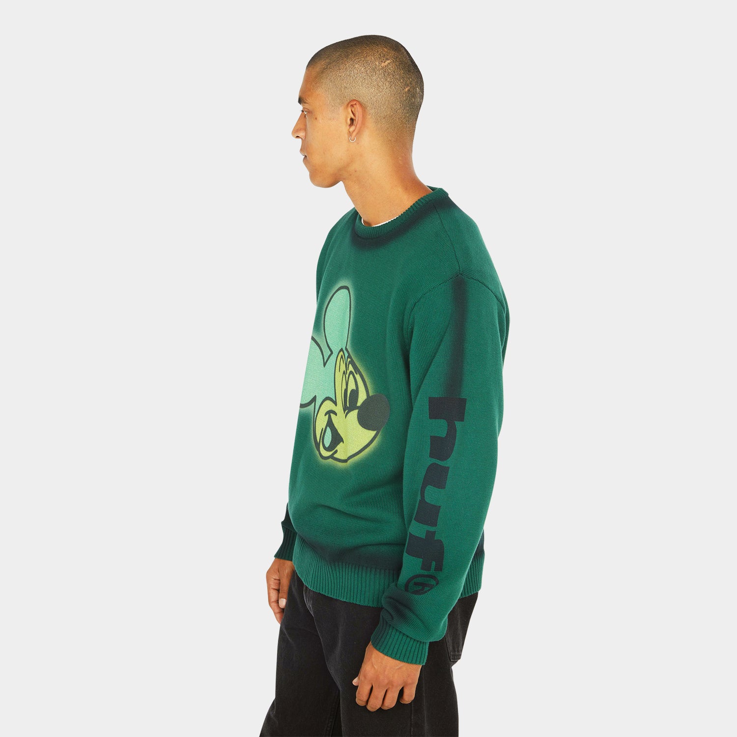 HUF (ハフ) Worldwide JP /KNITS & SWEATERS（ニット&セーター）/ DISNEY | HUF MICKEY SPRAY CREWNECK SWEATER商品 / FOREST GREEN